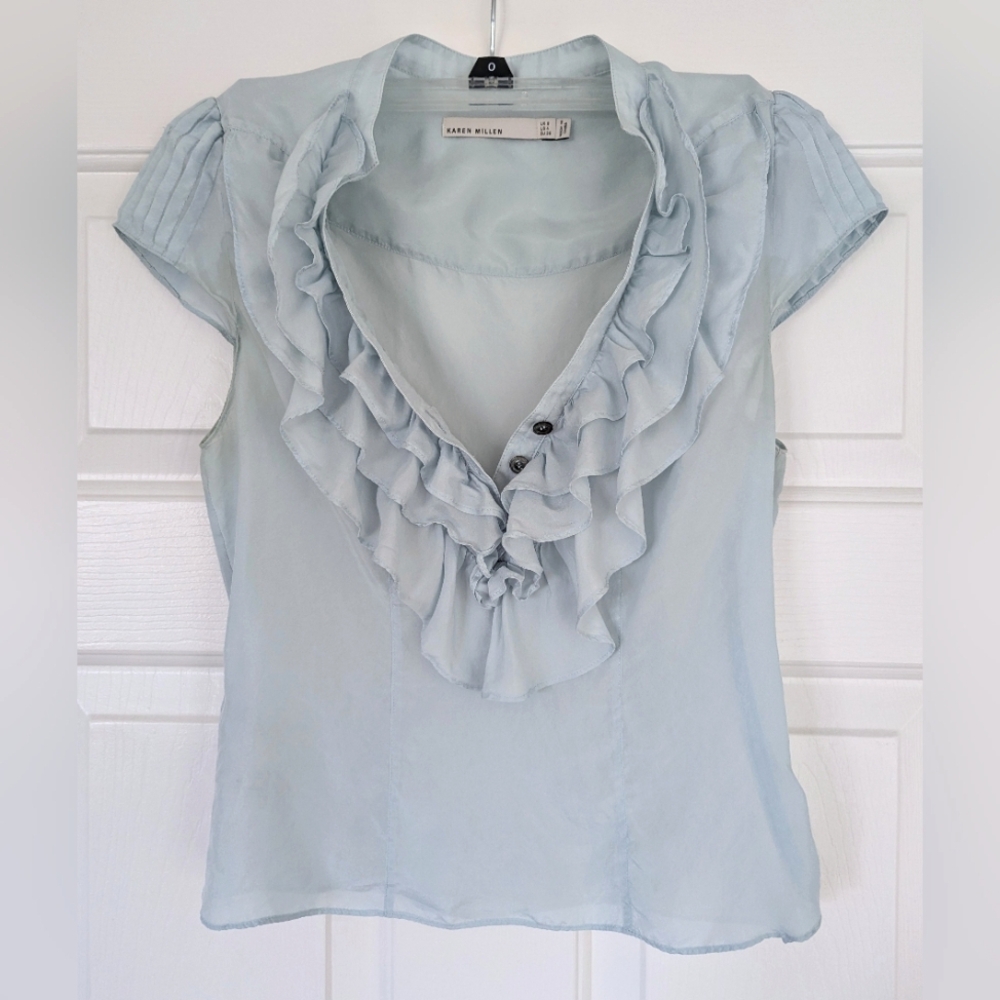 100% Silk - Karen Millen Pale Blue Sleeveless Blouse Good Condition